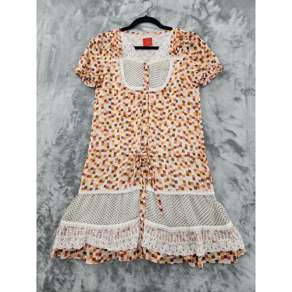 Deep or Shallow Square Print Lace Trim Mini Dress Size 1 Orange Brown Button Tie